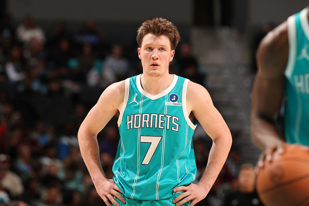 CHARLOTTE, NC - NOVEMBER 1: Kon Knueppel #7 of the Charlotte Hornets looks on during the game against the Minnesota Timberwolves on November 1, 2025 at Spectrum Center in Charlotte, North Carolina.