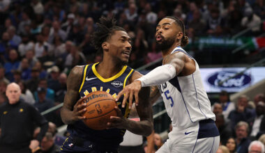 DALLAS, TEXAS - OCTOBER 29: Quenton Jackson #29 of the Indiana Pacers drives to the basket against D'Angelo Russell #5 of the Dallas Mavericks during the second half of a game at American Airlines Center on October 29, 2025 in Dallas, Texas. NOTE TO USER: User expressly acknowledges and agrees that, by downloading and or using this photograph, User is consenting to the terms and conditions of the Getty Images License Agreement. (Photo by Stacy Revere/Getty Images)