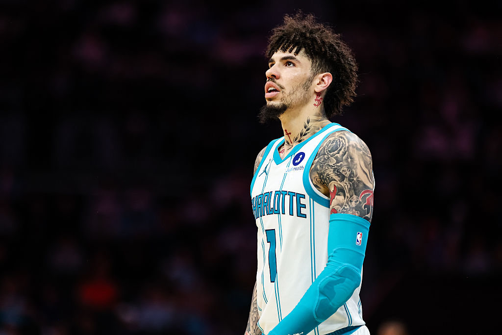CHARLOTTE, NORTH CAROLINA - OCTOBER 30: LaMelo Ball #1 of the Charlotte Hornets looks on during the second half of the basketball game against the Orlando Magic at Spectrum Center on October 30, 2025 in Charlotte, North Carolina. NOTE TO USER: User expressly acknowledges and agrees that, by downloading and or using this photograph, User is consenting to the terms and conditions of the Getty Images License Agreement. (Photo by David Jensen/Getty Images)