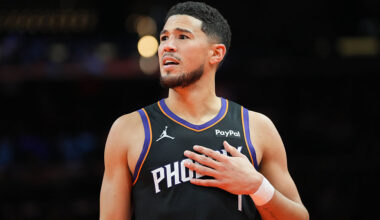 PHOENIX, ARIZONA - OCTOBER 31: Devin Booker #1 of the Phoenix Suns looks on during the second half of the Emirates NBA Cup game against the Utah Jazz at Mortgage Matchup Center on October 31, 2025 in Phoenix, Arizona. The Suns defeated the Jazz 118-96. NOTE TO USER: User expressly acknowledges and agrees that, by downloading and/or using this photograph, user is consenting to the terms and conditions of the Getty Images License Agreement. (Photo by Kelsey Grant/Getty Images)