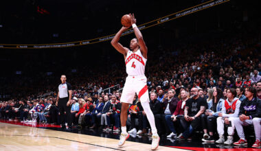 TORONTO, CANADA - NOVEMBER 4: Scottie Barnes #4 of the Toronto Raptors shoots a three point basket during the game against the Milwaukee Bucks on November 4, 2025 at the Scotiabank Arena in Toronto, Ontario, Canada. NOTE TO USER: User expressly acknowledges and agrees that, by downloading and or using this Photograph, user is consenting to the terms and conditions of the Getty Images License Agreement. Mandatory Copyright Notice: Copyright 2025 NBAE (Photo by Vaughn Ridley/NBAE via Getty Images)