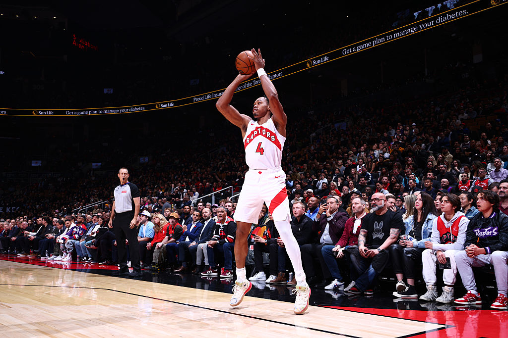 TORONTO, CANADA - NOVEMBER 4: Scottie Barnes #4 of the Toronto Raptors shoots a three point basket during the game against the Milwaukee Bucks on November 4, 2025 at the Scotiabank Arena in Toronto, Ontario, Canada. NOTE TO USER: User expressly acknowledges and agrees that, by downloading and or using this Photograph, user is consenting to the terms and conditions of the Getty Images License Agreement. Mandatory Copyright Notice: Copyright 2025 NBAE (Photo by Vaughn Ridley/NBAE via Getty Images)