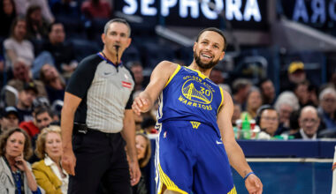 Stephen Curry (30) tries to help the ball go in with some body english in the first half as the Golden State Warriors played the Phoenix Suns at Chase Center in San Francisco, on Tuesday, Nov. 4, 2025. (Photo by Carlos Avila Gonzalez/San Francisco Chronicle via Getty Images)