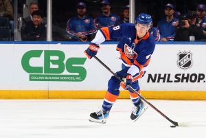 ELMONT, NEW YORK - NOVEMBER 02: Matthew Schaefer #48 of the New York Islanders plays against the Columbus Blue Jackets at UBS Arena on November 02, 2025 in Elmont, New York. (Photo by Bruce Bennett/Getty Images)