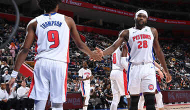 DETROIT, MI - November 5: Ausar Thompson #9 and Isaiah Stewart #28 of the Detroit Pistons high five during the game against the Utah Jazz on November 5, 2025 at Little Caesars Arena in Detroit, Michigan. NOTE TO USER: User expressly acknowledges and agrees that, by downloading and/or using this photograph, User is consenting to the terms and conditions of the Getty Images License Agreement. Mandatory Copyright Notice: Copyright 2025 NBAE (Photo by Chris Schwegler/NBAE via Getty Images)