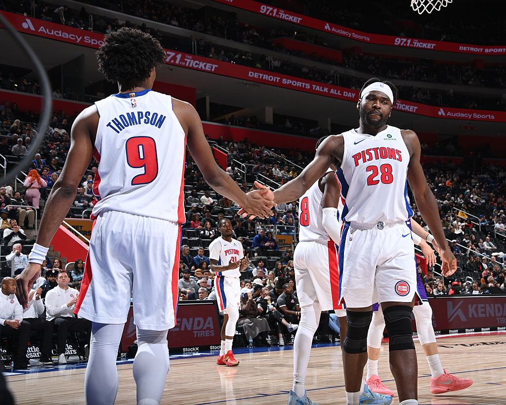 DETROIT, MI - November 5: Ausar Thompson #9 and Isaiah Stewart #28 of the Detroit Pistons high five during the game against the Utah Jazz on November 5, 2025 at Little Caesars Arena in Detroit, Michigan. NOTE TO USER: User expressly acknowledges and agrees that, by downloading and/or using this photograph, User is consenting to the terms and conditions of the Getty Images License Agreement. Mandatory Copyright Notice: Copyright 2025 NBAE (Photo by Chris Schwegler/NBAE via Getty Images)
