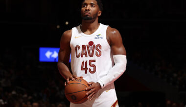 WASHINGTON, DC -  NOVEMBER 7: Donovan Mitchell #45 of the Cleveland Cavaliers shoots a free throw during the game against the Washington Wizards during the 2025-26 Emirates Cup on November 7, 2025 at Capital One Arena in Washington, DC. NOTE TO USER: User expressly acknowledges and agrees that, by downloading and or using this Photograph, user is consenting to the terms and conditions of the Getty Images License Agreement. Mandatory Copyright Notice: Copyright 2025 NBAE (Photo by Stephen Gosling/NBAE via Getty Images)