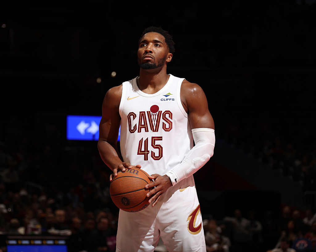 WASHINGTON, DC -  NOVEMBER 7: Donovan Mitchell #45 of the Cleveland Cavaliers shoots a free throw during the game against the Washington Wizards during the 2025-26 Emirates Cup on November 7, 2025 at Capital One Arena in Washington, DC. NOTE TO USER: User expressly acknowledges and agrees that, by downloading and or using this Photograph, user is consenting to the terms and conditions of the Getty Images License Agreement. Mandatory Copyright Notice: Copyright 2025 NBAE (Photo by Stephen Gosling/NBAE via Getty Images)