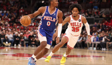 CHICAGO, ILLINOIS - NOVEMBER 04: Tyrese Maxey #0 of the Philadelphia 76ers drives to the basket past Isaac Okoro #35 of the Chicago Bulls during the first half at the United Center on November 04, 2025 in Chicago, Illinois.