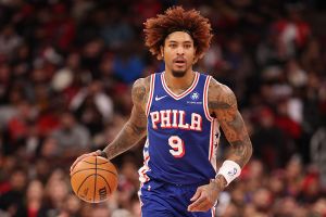 CHICAGO, ILLINOIS - NOVEMBER 04: Kelly Oubre Jr. #9 of the Philadelphia 76ers dribbles against the Chicago Bulls during the first half at the United Center on November 04, 2025 in Chicago, Illinois. NOTE TO USER: User expressly acknowledges and agrees that, by downloading and or using this photograph, User is consenting to the terms and conditions of the Getty Images License Agreement. (Photo by Michael Reaves/Getty Images)
