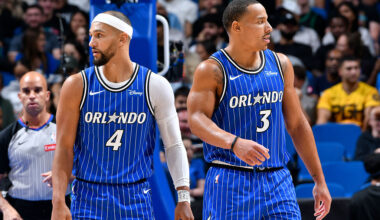 ORLANDO, FL - NOVEMBER 9: Jalen Suggs #4 and Desmond Bane #3 of the Orlando Magic during the game against the Boston Celtics on November 9, 2025 at Kia Center in Orlando, Florida.