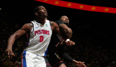 PHILADELPHIA, PA - NOVEMBER 9: Jalen Duren #0 of the Detroit Pistons boxes out during the game against the Philadelphia 76ers on November 9, 2025 at the Wells Fargo Center in Philadelphia, Pennsylvania NOTE TO USER: User expressly acknowledges and agrees that, by downloading and/or using this Photograph, user is consenting to the terms and conditions of the Getty Images License Agreement. Mandatory Copyright Notice: Copyright 2025 NBAE (Photo by Jesse D. Garrabrant/NBAE via Getty Images)