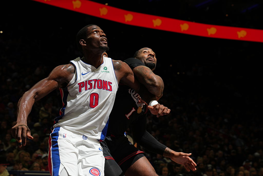 PHILADELPHIA, PA - NOVEMBER 9: Jalen Duren #0 of the Detroit Pistons boxes out during the game against the Philadelphia 76ers on November 9, 2025 at the Wells Fargo Center in Philadelphia, Pennsylvania NOTE TO USER: User expressly acknowledges and agrees that, by downloading and/or using this Photograph, user is consenting to the terms and conditions of the Getty Images License Agreement. Mandatory Copyright Notice: Copyright 2025 NBAE (Photo by Jesse D. Garrabrant/NBAE via Getty Images)