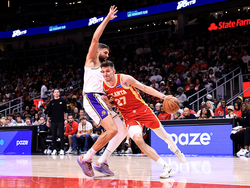 ATLANTA, GA - NOVEMBER 8: Vit Krejci #27 of the Atlanta Hawks dribbles the ball during the game against the Los Angeles Lakers on November 8, 2025 at State Farm Arena in Atlanta, Georgia. NOTE TO USER: User expressly acknowledges and agrees that, by downloading and/or using this Photograph, user is consenting to the terms and conditions of the Getty Images License Agreement. Mandatory Copyright Notice: Copyright 2025 NBAE (Photo by Joe Boatman/NBAE via Getty Images)