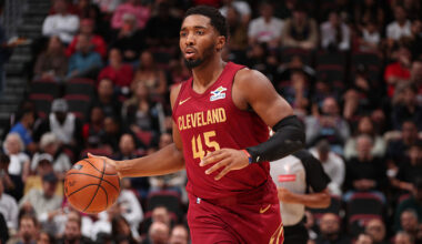 MIAMI, FL - NOVEMBER 10: Donovan Mitchell #45 of the Cleveland Cavaliers dribbles the ball during the game against the Miami Heat on November 10, 2025 at Kaseya Center in Miami, Florida. NOTE TO USER: User expressly acknowledges and agrees that, by downloading and or using this Photograph, user is consenting to the terms and conditions of the Getty Images License Agreement. Mandatory Copyright Notice: Copyright 2025 NBAE (Photo by Issac Baldizon/NBAE via Getty Images)