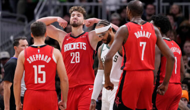 MILWAUKEE, WISCONSIN - NOVEMBER 09: Alperen Sengun #28 of the Houston Rockets scores and celebrates in the final seconds of game and win over the Milwaukee Bucks at Fiserv Forum on November 09, 2025 in Milwaukee, Wisconsin. NOTE TO USER: User expressly acknowledges and agrees that, by downloading and or using this photograph, User is consenting to the terms and conditions of the Getty Images License Agreement. (Photo by John Fisher/Getty Images)