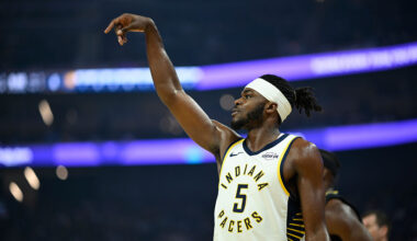 SAN FRANCISCO, CALIFORNIA - NOVEMBER 09: Jarace Walker #5 of the Indiana Pacers attempts a three point basket against the Golden State Warriors in the first quarter at Chase Center on November 09, 2025 in San Francisco, California. NOTE TO USER: User expressly acknowledges and agrees that, by downloading and or using this photograph, User is consenting to the terms and conditions of the Getty Images License Agreement. (Photo by Eakin Howard/Getty Images)