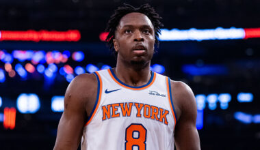 NEW YORK, NEW YORK - NOVEMBER 09: OG Anunoby #8 of the New York Knicks looks on during the first quarter of the game against the Brooklyn Nets at Madison Square Garden on November 09, 2025 in New York City.