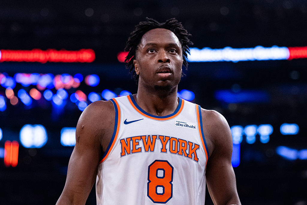 NEW YORK, NEW YORK - NOVEMBER 09: OG Anunoby #8 of the New York Knicks looks on during the first quarter of the game against the Brooklyn Nets at Madison Square Garden on November 09, 2025 in New York City.