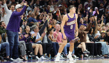 Grayson Allen #8 of the Phoenix Suns reacts after hitting a three-point shot against the New Orlean...