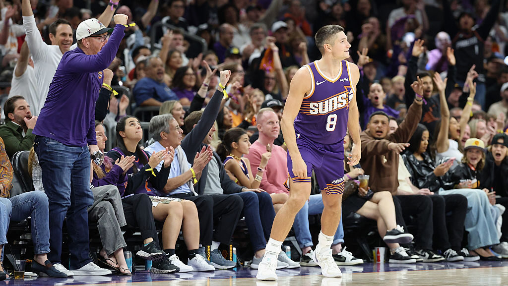 Grayson Allen #8 of the Phoenix Suns reacts after hitting a three-point shot against the New Orlean...