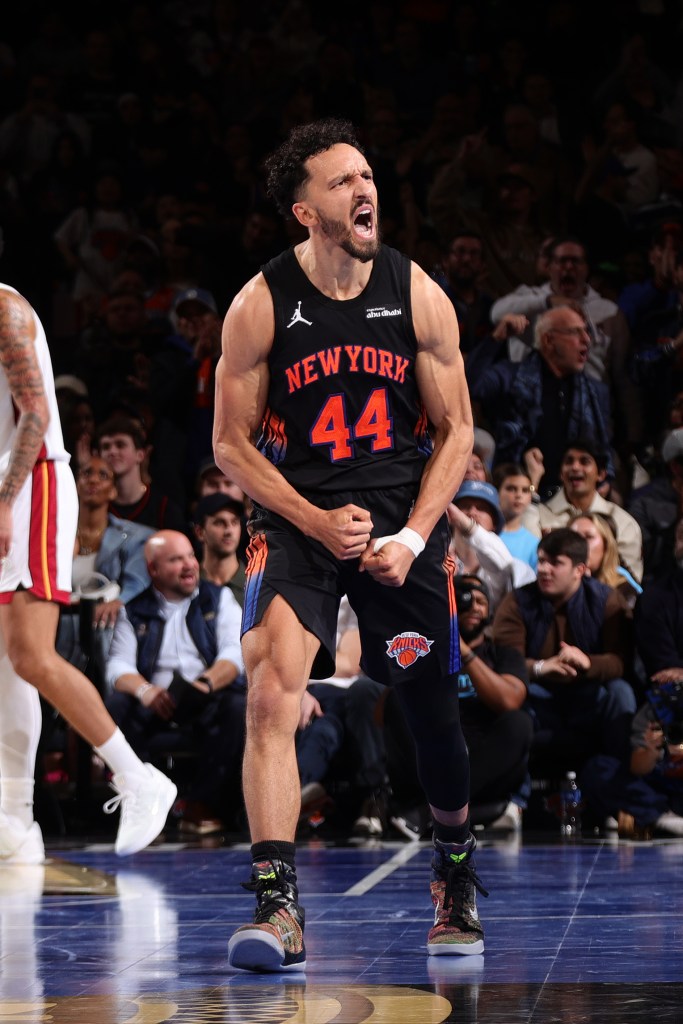 Landry Shamet celebrates during the game against the Miami Heat during the 2025 - 2026 Emirates NBA Cup game on November 14, 2025 at Madison Square Garden in New York City, New York.  