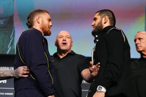 NEW YORK, NEW YORK - NOVEMBER 13: (L-R) Jack Della Maddalena of Australia and Islam Makhachev of Russia face off during the UFC 322 Press Conference at The Theater at Madison Square Garden on November 13, 2025 in New York City. (Photo by Chris Unger/Zuffa LLC)