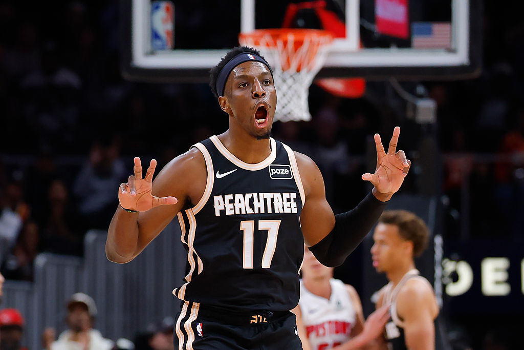 ATLANTA, GEORGIA - NOVEMBER 18: Onyeka Okongwu #17 of the Atlanta Hawks reacts during the first quarter against the Detroit Pistons at State Farm Arena on November 18, 2025 in Atlanta, Georgia. NOTE TO USER: User expressly acknowledges and agrees that, by downloading and or using this photograph, User is consenting to the terms and conditions of the Getty Images License Agreement. (Photo by Todd Kirkland/Getty Images)