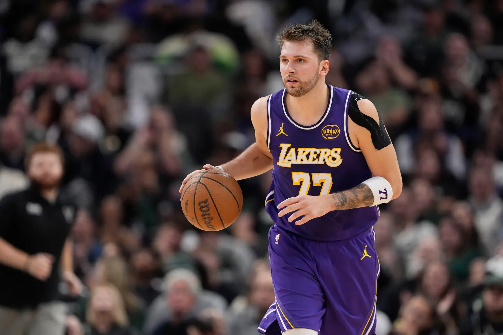 los angeles lakers star luka doncic against milwaukee bucks