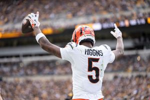 PITTSBURGH, PENNSYLVANIA - NOVEMBER 16: Tee Higgins #5 of the Cincinnati Bengals celebrates after scoring a touchdown during an NFL football game against the Pittsburgh Steelers at Acrisure Stadium on November 16, 2025 in Pittsburgh, Pennsylvania.