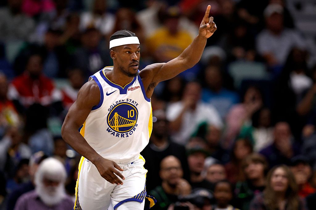 NEW ORLEANS, LOUISIANA - NOVEMBER 16: Jimmy Butler III #10 of the Golden State Warriors reacts after scoring a three point basket during the first quarter of an NBA game against the New Orleans Pelicans at Smoothie King Center on November 16, 2025 in New Orleans, Louisiana. NOTE TO USER: User expressly acknowledges and agrees that, by downloading and or using this photograph, User is consenting to the terms and conditions of the Getty Images License Agreement. (Photo by Sean Gardner/Getty Images)