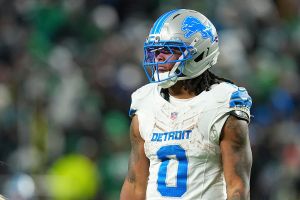 PHILADELPHIA, PENNSYLVANIA - NOVEMBER 16: Jahmyr Gibbs #0 of the Detroit Lions looks on against the Philadelphia Eagles at Lincoln Financial Field on November 16, 2025 in Philadelphia, United States. (Photo by Mitchell Leff/Getty Images)