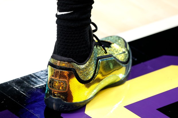 A detailed view of the shoes Lakers star LeBron James...