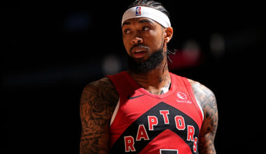 TORONTO, CANADA - NOVEMBER 24: Brandon Ingram #3 of the Toronto Raptors looks on during the game against the Cleveland Cavaliers on November 24, 2025 at the Scotiabank Arena in Toronto, Ontario, Canada.