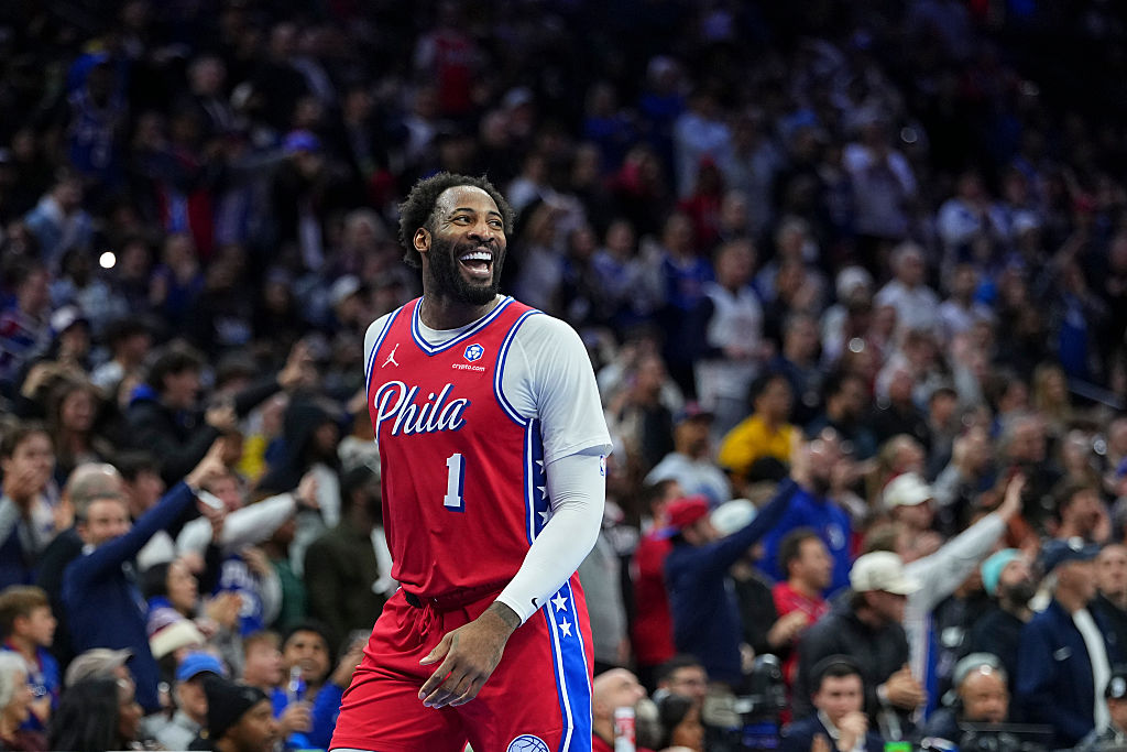 PHILADELPHIA, PENNSYLVANIA - NOVEMBER 25: Andre Drummond #1 of the Philadelphia 76ers reacts against the Orlando Magic in the first half during the 2025-26 Emirates NBA Cup game at Xfinity Mobile Arena on November 25, 2025 in Philadelphia, Pennsylvania. NOTE TO USER: User expressly acknowledges and agrees that, by downloading and or using this photograph, User is consenting to the terms and conditions of the Getty Images License Agreement. (Photo by Mitchell Leff/Getty Images)