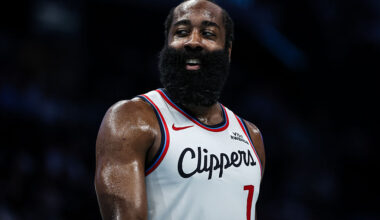 CHARLOTTE, NORTH CAROLINA - NOVEMBER 22: James Harden #1 of the LA Clippers reacts during the first half of a basketball game .a at Spectrum Center on November 22, 2025 in Charlotte, North Carolina. NOTE TO USER: User expressly acknowledges and agrees that, by downloading and or using this photograph, User is consenting to the terms and conditions of the Getty Images License Agreement. (Photo by David Jensen/Getty Images)