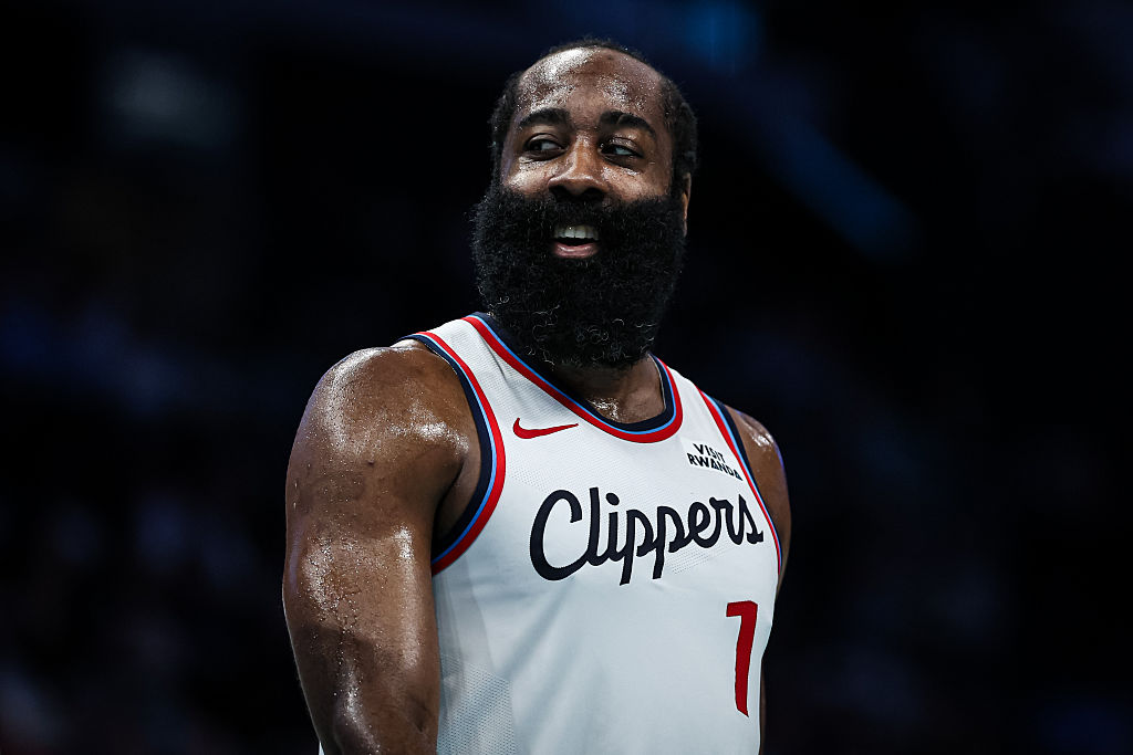 CHARLOTTE, NORTH CAROLINA - NOVEMBER 22: James Harden #1 of the LA Clippers reacts during the first half of a basketball game .a at Spectrum Center on November 22, 2025 in Charlotte, North Carolina. NOTE TO USER: User expressly acknowledges and agrees that, by downloading and or using this photograph, User is consenting to the terms and conditions of the Getty Images License Agreement. (Photo by David Jensen/Getty Images)