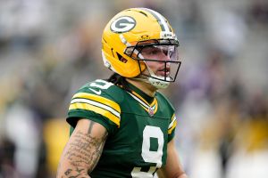 GREEN BAY, WISCONSIN - NOVEMBER 23: Christian Watson #9 of the Green Bay Packers before game against the Minnesota Vikings at Lambeau Field on November 23, 2025 in Green Bay, Wisconsin.