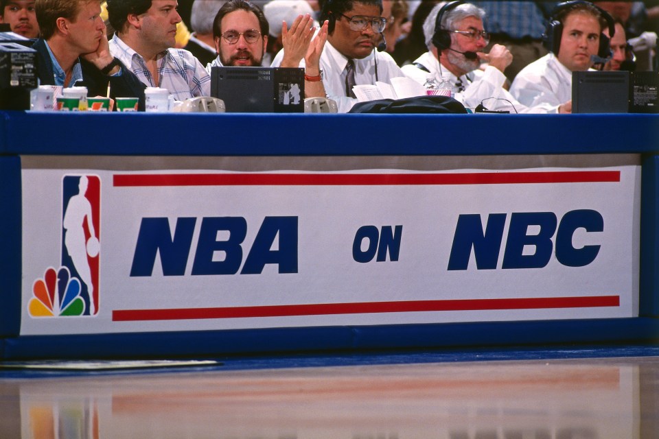 OAKLAND, CA - 1995: The NBA on NBC displayed on the scorers table during a game played circa 1995 at the Oakland Coliseum in Oakland, California. NOTE TO USER: User expressly acknowledges and agrees that, by downloading and or using this photograph, User is consenting to the terms and conditions of the Getty Images License Agreement. Mandatory Copyright Notice: Copyright 1995 NBAE (Photo by Brad Mangin/NBAE via Getty Images)