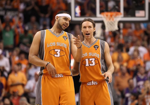 Jared Dudley (3) and Steve Nash (13) of the Phoenix Suns during Game 2 of the Western Conference Semifinals of the 2010 NBA Playoffs against the San Antonio Spurs at US Airways Center on May 5, 2010 in Phoenix, Arizona. (Photo by Christian Petersen/Getty Images)