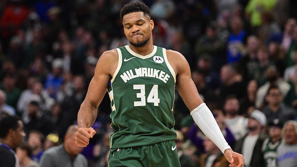 Milwaukee Bucks forward Giannis Antetokounmpo (34) reacts after missing a shot late in the fourth quarter against the Sacramento Kings at Fiserv Forum.