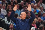 Dallas Mavericks head coach Jason Kidd gestures on the sidelines during the first half of an...