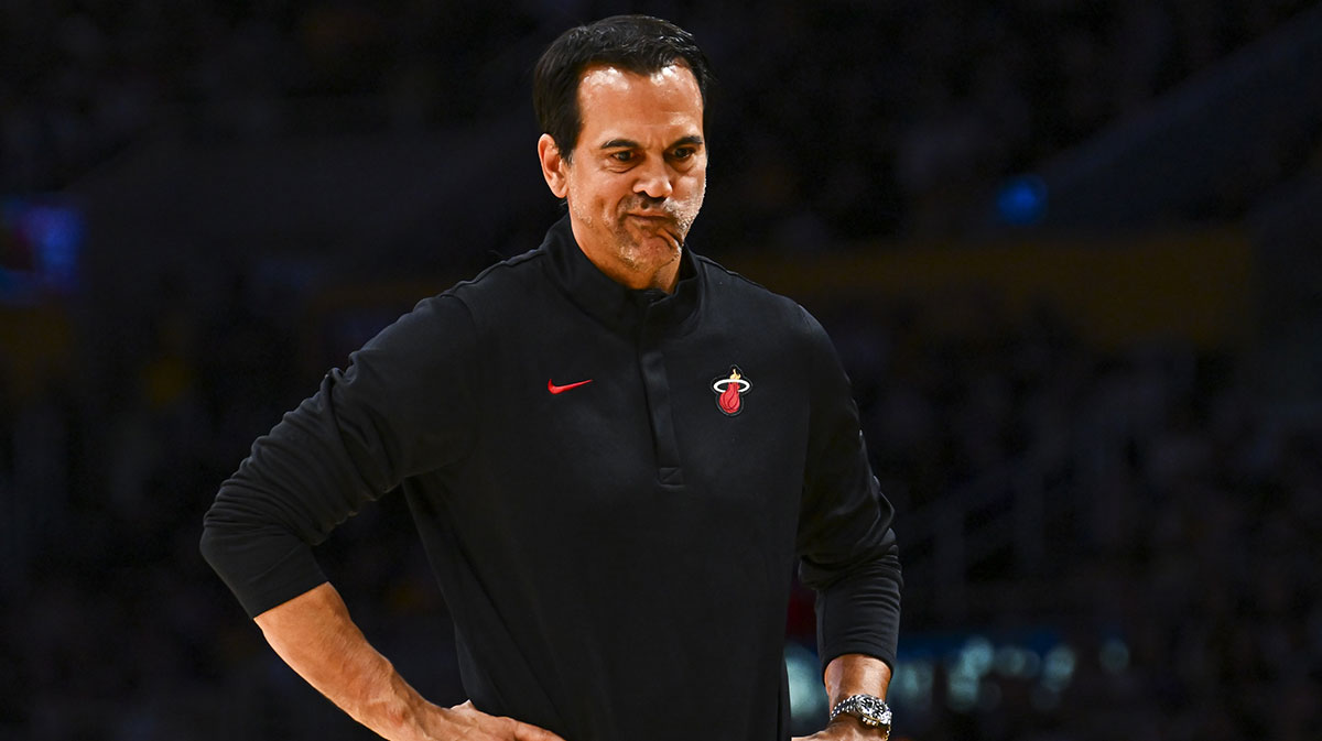 Miami Heat Head Coach Erik Spoelstra reacts during the game against the Los Angeles Lakers during the first half at Crypto.com Arena.