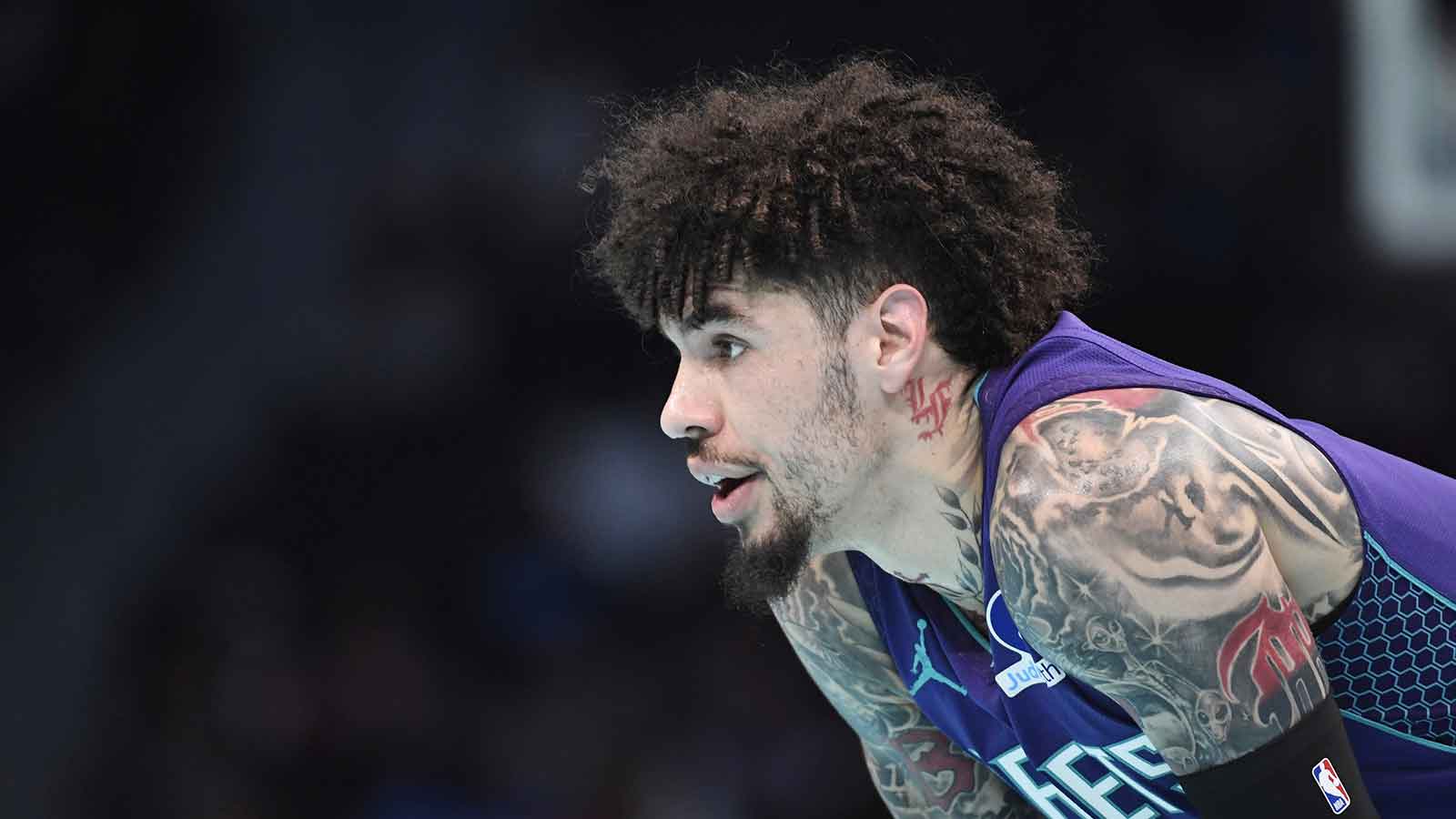 Charlotte Hornets guard LaMelo Ball (1) in a time out during the first half against the New York Knicks at the Spectrum Center.
