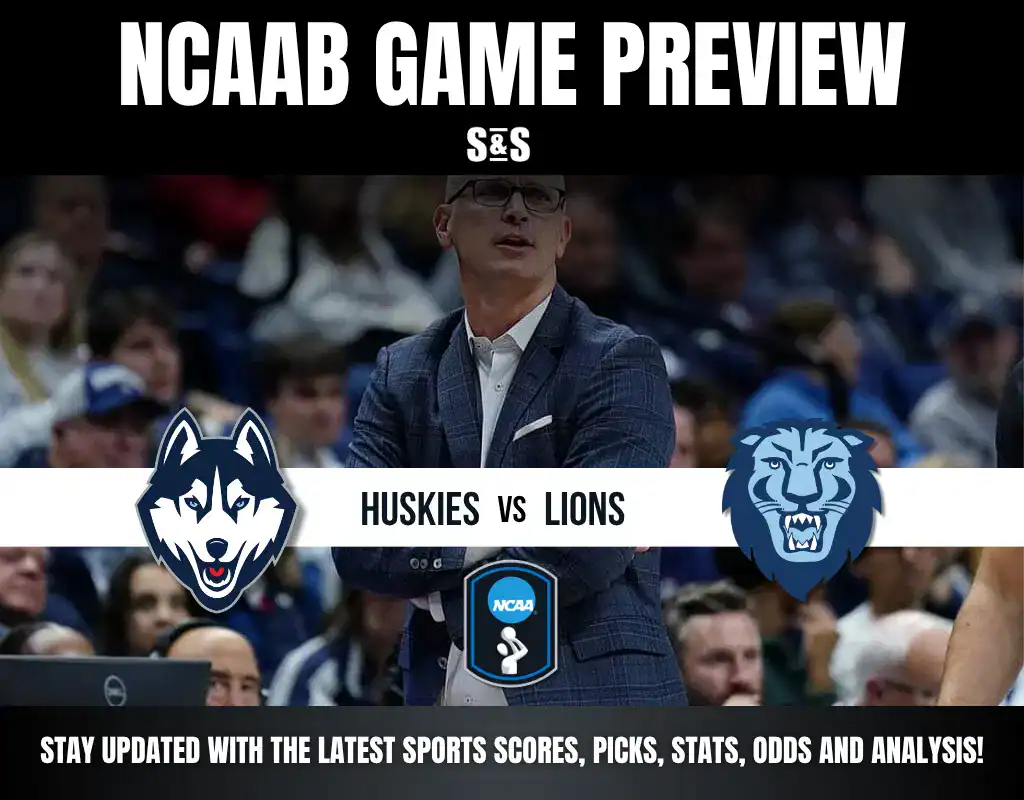 NCAA basketball game preview between Huskies and Lions, featuring team logos and details on sports updates and analysis.