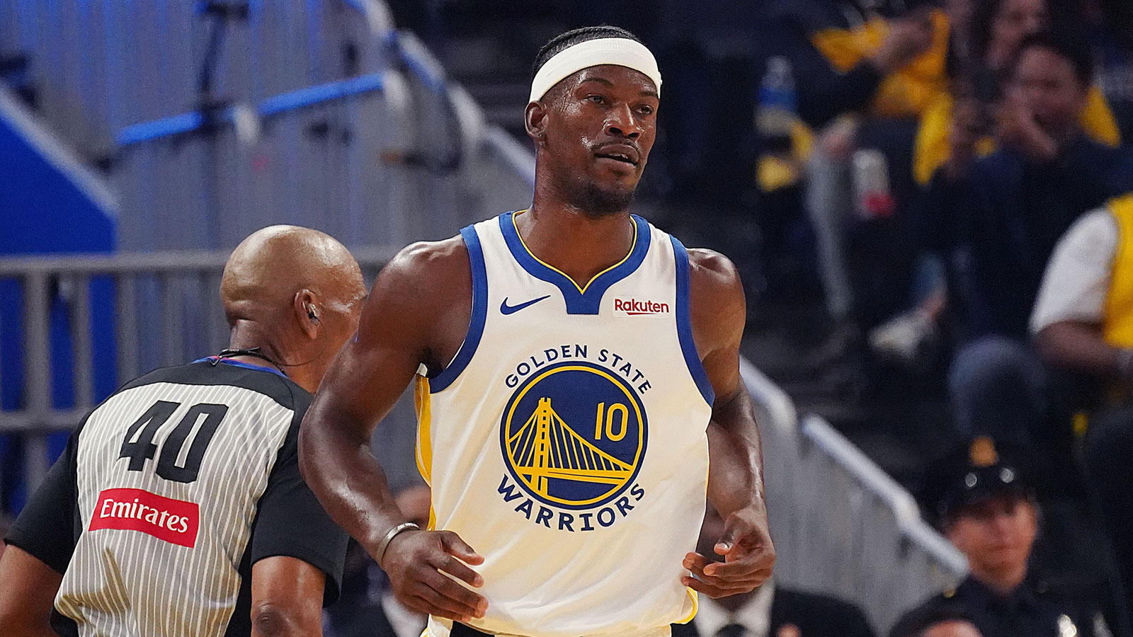 Golden State Warriors forward Jimmy Butler III (10) waits for action to resume in the first quarter against the Los Angeles Lakers at Chase Center. 