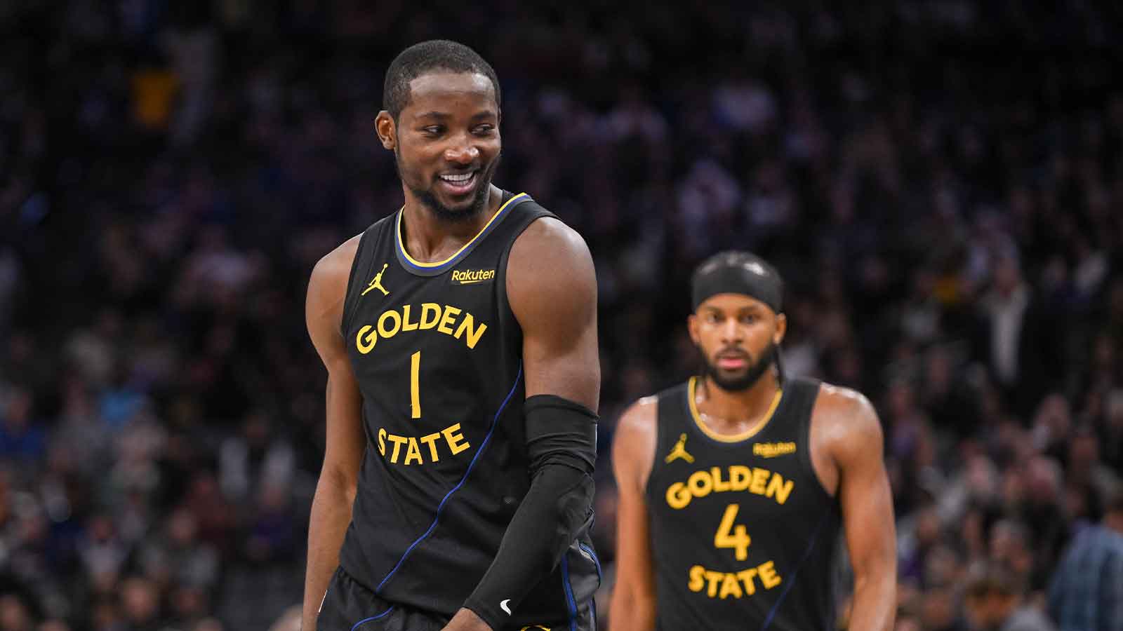 Golden State Warriors forward Jonathan Kuminga (1) reacts after being called for a foul against the Sacramento Kings during the fourth quarter at Golden 1 Center.