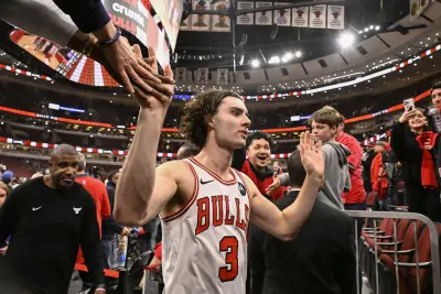 Oct 22, 2025; Chicago, Illinois, USA; Chicago Bulls guard Josh Giddey (3) greets fans after the game against the Detroit Pistons at United Center.