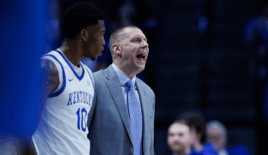 Kentucky Wildcats head coach Mark Pope directs his team while Brandon Garrison (10) stands nearby during the game on Thursday, Nov. 14, 2025, at Rupp Arena in Lexington, Ky. Photo by Crawford Ifland, Kentucky Sports Radio/On3.