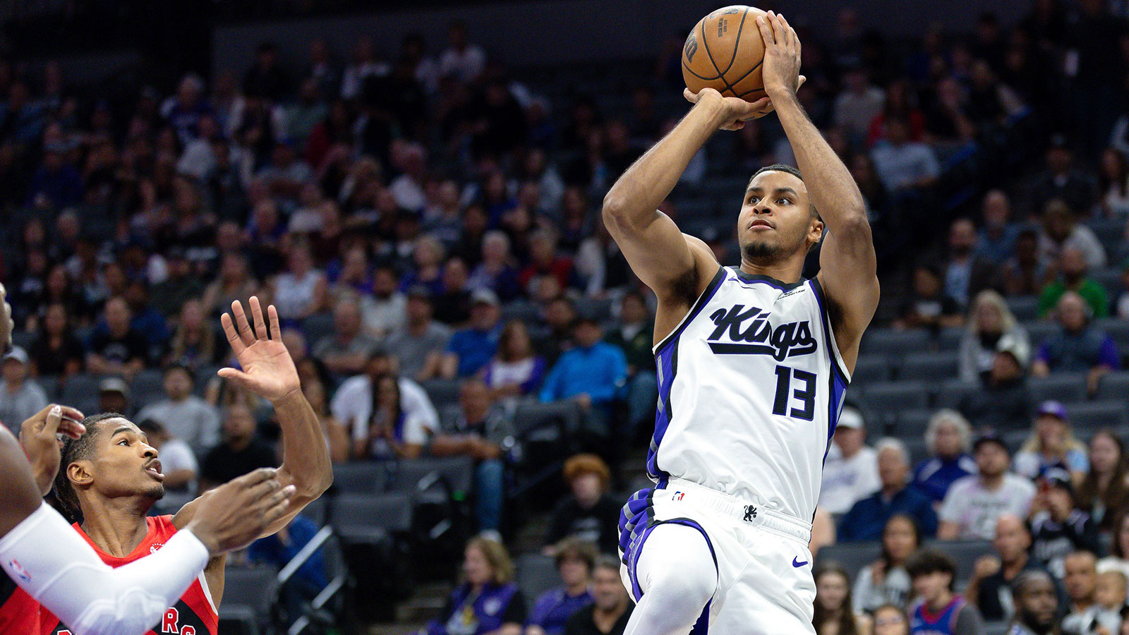 Sacramento Kings forward Keegan Murray (13) shoots the ball during the first quarter against the Toronto Raptors at Golden 1 Center.